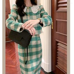 Work Dresses Wool Suit Women's Autumn Retro Green Temperament Coat Long Skirt Two-Piece Sets Ladies