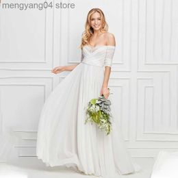 Party Dresses Verngo Simple A Line Beach Wedding Dresses Long Sleeves Lace Neck Chiffon Off the Shoulder Pleats Bridal Gowns Sweep Train T230502