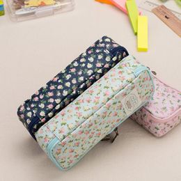 Vintage Large Capacity Brief Denim Canvas Pencil Case Flower Design Girl Pen Box Stationery Bags For Shcool Student Supplies