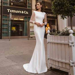 Party Dresses Simple Scoop Neck Wedding Dress Satin Belt Mermaid Bride Backless Gowns Illusion Long Sleeves Lace Up Robe De Marie Dresses T230502