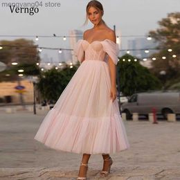 Party Dresses Verngo Blush Pink Off the Shoulder Dot Tulle Short Wedding Dress With Sleeves Elegant Tea Length Bride Gown For Party Reception T230502