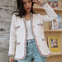 Women's Jackets Small Fragrance Tweed Runway Women Pearl Buttons Woollen Coats Autumn Office Lady Elegant Tassel Outerwear