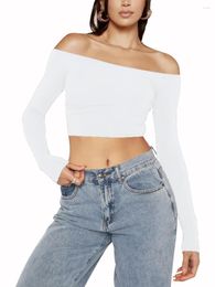 Women's Tanks Women S Elegant Off Shoulder Long Sleeve Slim Fit Stretch T Shirt Backless Wrap Crop Tee Streetwear