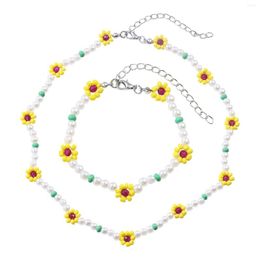 Necklace Earrings Set Girlgo Handmade Pearl For Women Pearls Flowers Chain Bracelect Summer Beach Jewellery