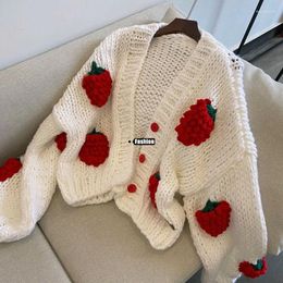 Women's Knits Sweet Ins V-Neck Retro Handmade Thick Knitted Cardigan Crocheted 3D Strawberry Hooked Sweater Coat Knitwear Lantern Sleeve