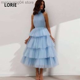 Party Dresses Baby Blue Prom Dresses High Neck Tiered Tulle Tea Length Backless Summer Arabic Wedding Party Gown Graduation Dress 2021 T230502