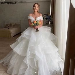 Party Dresses 2023 White/Ivory Ball Gown Long Wedding Dress Off The Shoulder Bride Dresses Princess Tiered Sequins Tulle Vestidos De Noiva T230502