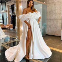 Party Dresses Satin Wedding Dress Off Shoulder High Slit Strapless Draped Women Formal Gowns Elegant Short Sleeves Bridal Dresses Vestidos T230502