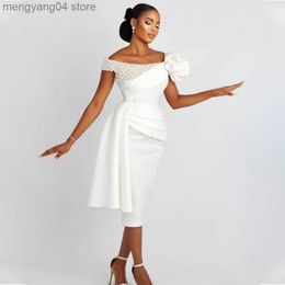 Party Dresses Sheath/Column Wedding Dress Short Off the Shoulder Pearls Luxury Wedding Gown for Bride White Draped Tea Length Bridal Dresses T230502