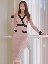 Casual Dresses Slim Midi Dress 2023 In Temperament V-Neck Pencil Street Clothes Korean Elegant Formal Office Party Femme