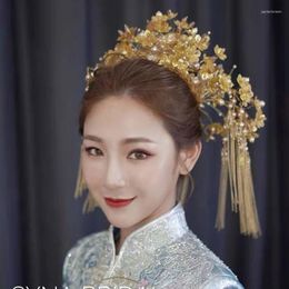 Headpieces Ancient Costume Classical Chinese Phoenix Crown Headdress Wedding Atmosphere Xiuhe Dress Hair Ornament Golden Dragon