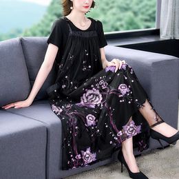 Dresses 2022 New Summer Embroidery Vintage Elegant Loose Waist Two Piece Dress Sets Women Black TShirt+Print Natural Silk Strap Dress S