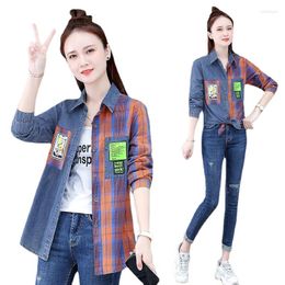 Women's Blouses Fashion Stitching Denim Plaid Shirt Long Sleeve Women's Spring And Autumn Korean Style Loose 2023 Casual Coat Top