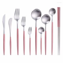 Dinnerware Sets Western Tableware Pink Silver Cutlery Set Stainless Steel Fork Knive Spoon Dessert Kitchen Party Drop