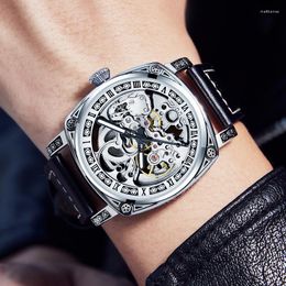 Wristwatches Men's Luxury Automatic Mechanical Watch Square Dial Design Business Leather Wrist Watches Fashion Skeleton Hand Clock For