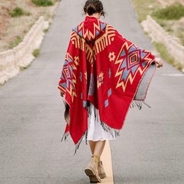 Raincoats Women Autumn Winter Hippie Vintage Floral Gypsy Lady Tassel Capes Cardigan Hoodies Long Sleeve Ethnic Red Poncho Cloak