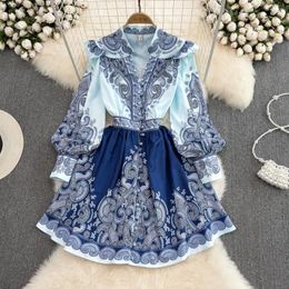 Casual Dresses Spring 2023 High-Grade Dress Vintage Court Style Printed Ruffled Lantern Sleeves Waist-Tight Slimming Large Hem