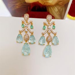 Dangle Earrings Vintage Women's Sea Blue Zircon Water Drop Gorgeous Tear Pendant Long Banquet Jewelry