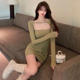 Casual Dresses Kawaii Long Sleeve Y2k Women's Autumn Slim Skinny Hip Girl Short Mini Dress Two-piece Tops Green Black Korean Sexy I0OY