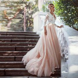 Party Dresses Long Sleeves Pink Wedding Dresses V Neck Lace Appliques Sweep Train A Line Open Back Bridal Gowns Married Vestidos de Noivas T230502