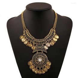 Pendant Necklaces Vintage Coin Tassel Hollow Carved Design Necklace Women Jewellery Big Bib Choker Maxi Statement Collar