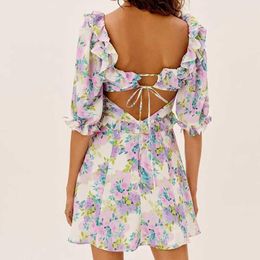 Party Dresses Corset Bodice Playful Ruffle Summer Dress Floral Print Open Back Puff Sleeve For Women Mini Laides