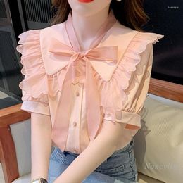 Women's Blouses Pink Hiffon Shirt Short Sleeve Women's Summer Top 2023 French Chic Beautiful Super Fairy Sweet Bow Tops Blusas Mujer
