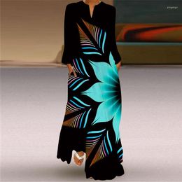 Casual Dresses Spring Autumn Fashion V-neck 3D Printing Loose Party Woman Long Sleeve A-line Maxi Dress Ladies Bohemia Vestidos