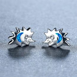 Stud Earrings White Blue Opal Stone Animal Creative Cute Small Hedgehog Vintage Silver Color Wedding For Women