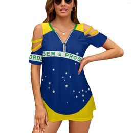 Women's T Shirts Flag Of Brazil Fashion Zip Off Shoulder Top Short-Sleeve Women Shirt Brasil Brazilian Brasileiro