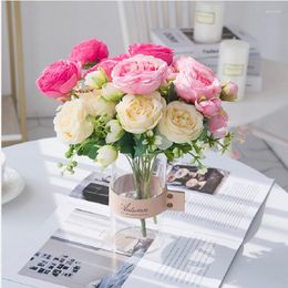 Decorative Flowers 30cm Rose Pink Silk Peony Bouquet Artificial 5 Big Head 4 Small Bud Fake Flower For Home Wedding Decoration Indoor