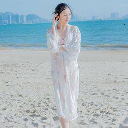 Ethnic Clothing Geskeey Resort Beach Sunscreen Clothes Women's Medium Long Thin Shawl Flower Butterfly Embroidery Lace Sexy Cardigan