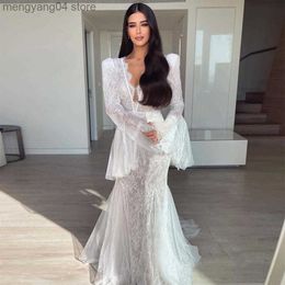 Party Dresses Sevintage Modern Lace Appliques Mermaid Wedding Dresses Long Sleeves V-Neck Pleat Ruched Wedding Gown Princess Bridal Gowns 2022 T230502