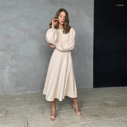 Casual Dresses 2023 Sexy Backless Midi Dress Lantern Sleeve O-Neck Autumn Folds A-Line Fashion Party Night Club Long For Women