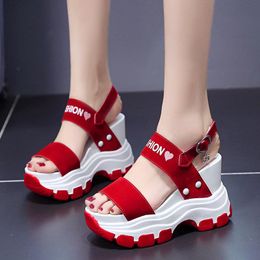 Slippers Women's Summer Sandals Platform Shoes 2023 Fish Toe Red Female High Heels Wedges Fashion Hook Loop