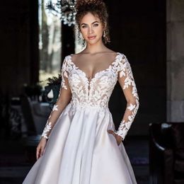 Party Dresses SoDigne Sexy Backless Boho Wedding Dresses With Pockets Long Sleeves V Neck Lace Bridal Dress Satin Illusion Bride Gowns T230502