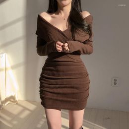 Casual Dresses Sexy V Neck Long Sleeve Wrap Hip Pullovers Knitted Dress Women Short Black Sweater Woman Autumn Winter Temperament Korean