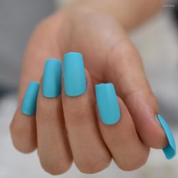 False Nails Bright Blue Matte Frosted Women Fake Nail Square Top Finish Designs Finger Art Tips With Adhesive Tabs