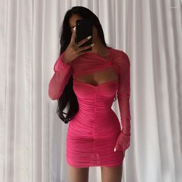 Casual Dresses Sexy Mesh Pleated Dress Long Sleeve Chest Wrapping Slim See-throught Irregular Hollow Out Bodycom Party Vestidos Rose Red