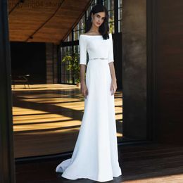 Party Dresses 2023 Simple Wedding Dress Boat Neck Half Sleeves Beading Sashes Sweep Train Long Bridal Dresses Vestido De Novia for Women Bride T230502