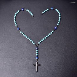 Pendant Necklaces Catholic Mens Rosary Necklace Turquoise And Lapis Lazuli Beaded Cross For Women Vintage Jewellery