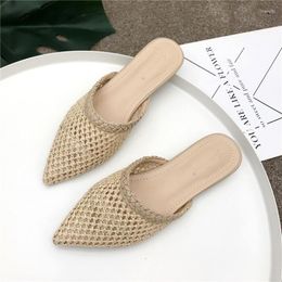 Slippers Women Summer Shoes Cane Hollow Soft Outside Slides Sandals Beach Flats Low Heeled Black Beige Brown