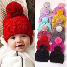 INS Baby Hat Designer Children Knitted Beanies Caps with Hairball Winter Warm Toddler Thicken Hats Boy Girls Headgear in Solid Colours For 1-2T