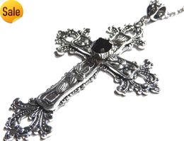 Large Gothic Cross Necklace Silver Pendant with Black Glass Stone 60.96 cm Steel Chain Zinc Alloy Steel Glass No Gems