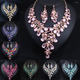 Necklace Earrings Set Statement AB Colours Crystal Women Bridal Wedding Jewellery Rhinestone Choker Nigeria African Necklaces Gifts