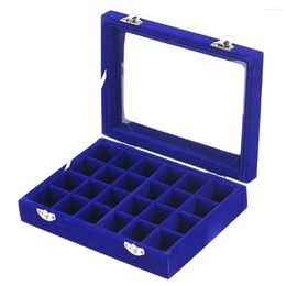 Jewelry Pouches Blue 24 Slot Velvet Glass Box Organizer Rings Earrings Tray Display Storage Case