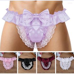 Underpants Sexy Mens Satin Lace Bow High Waist Briefs Elastic Waistband Underwear Plus Size Bottom