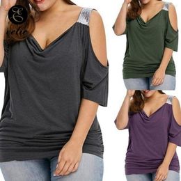 Women's T Shirts Cold Shoulder Shirt With Sequin Clothes Strap Shiny Top Plain Oversized Sexy Low Cut Pleated 5xl Big Size Women