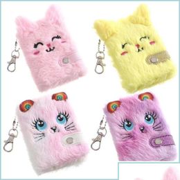 Party Favour Cute Cat Plush Notebook For Girls Kawaii Pendant Keychain Furry Cats Daily Planner Journal Book Note Pad Drop Delivery H Dhgjb