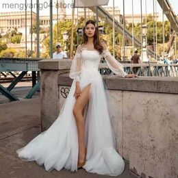 Party Dresses Scoop See Through Top Appliques Flowers Long Sleeve Slit Pleats Buttons A-Line Wedding Dress Bridal Gowns Vestido De Noiva T230502